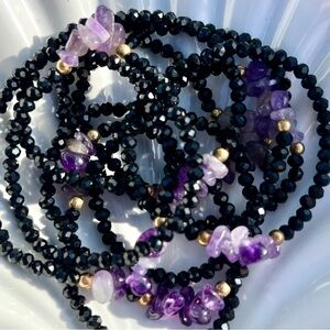 Amethyst & Black Glass Beaded Bracelet New!